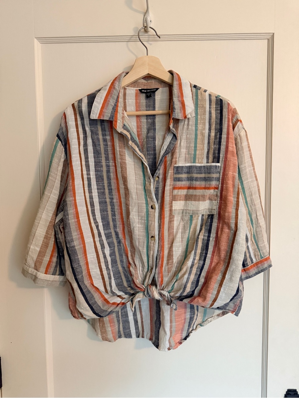 Unique Spectrum 100% Cotton Colorful Striped Short Sleeve Button Down Shirt - L